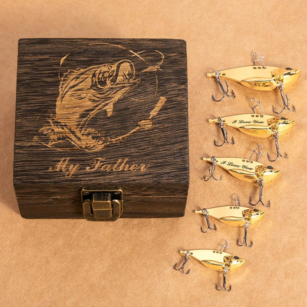 Personalised 2 Pcs Bionic Fish Shape Metal Fishing Lures Wooden Box Set