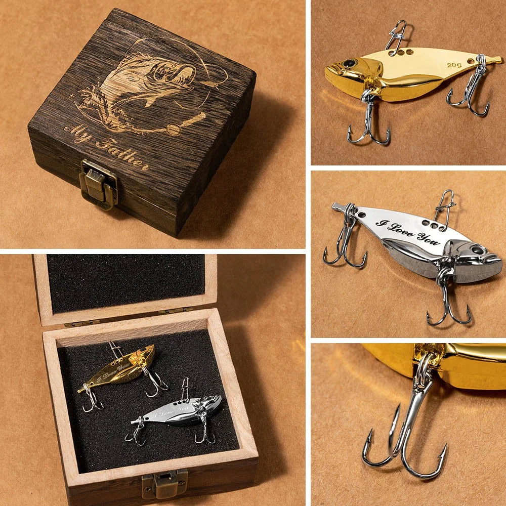 Personalised 2 Pcs Bionic Fish Shape Metal Fishing Lures Wooden Box Set