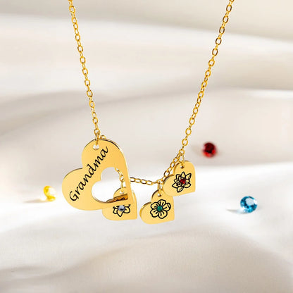 Hollow Heart Multi-Heart Personalised Necklace with Birthstones
