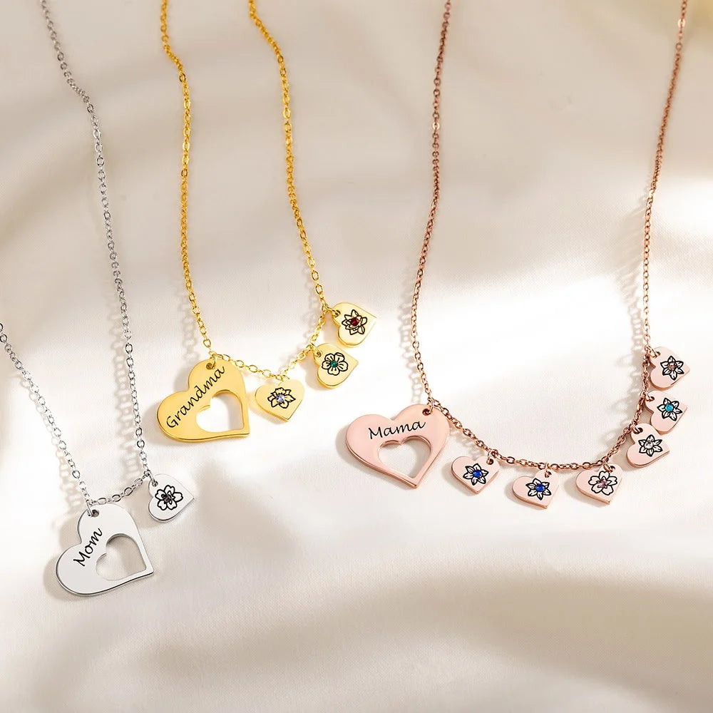 Hollow Heart Multi-Heart Personalised Necklace with Birthstones