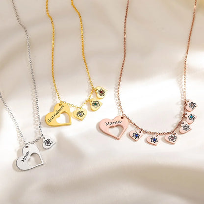 Hollow Heart Multi-Heart Personalised Necklace with Birthstones