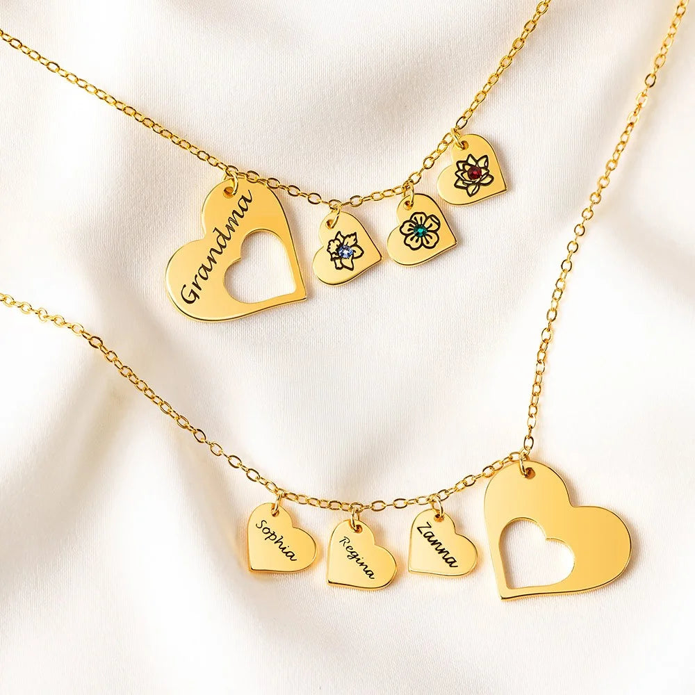 Hollow Heart Multi-Heart Personalised Necklace with Birthstones