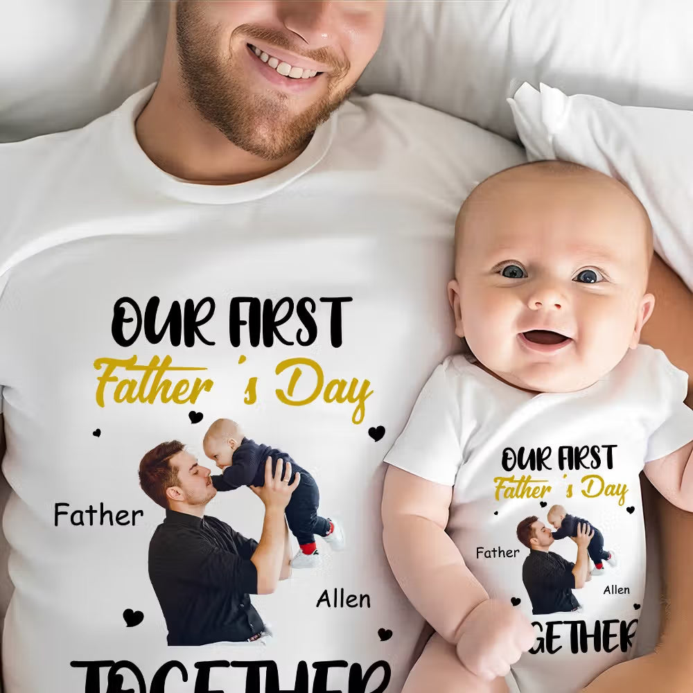 Personalised Photo First Father’s Day Matching T-Shirt & Baby Onesie Set | Custom Photo Gift for Dad