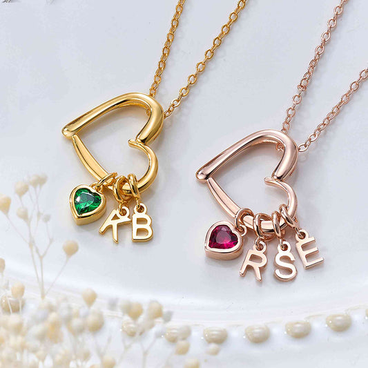 Personalised Heart & Birthstone Necklace with Initials Necklace
