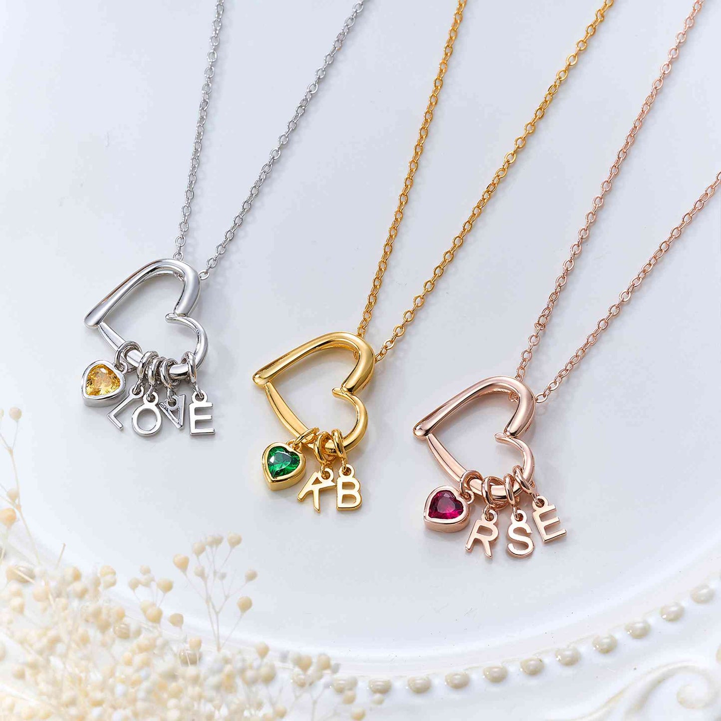 Personalised Heart & Birthstone Necklace with Initials Necklace