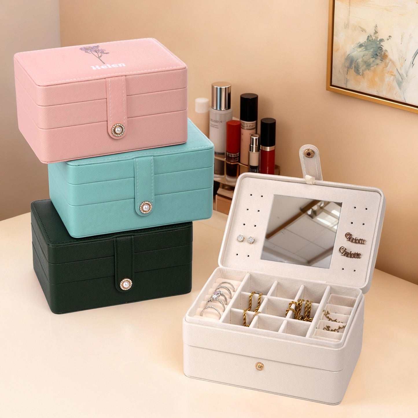 Birth Flower Personalised Mirrored Jewellery Box Case