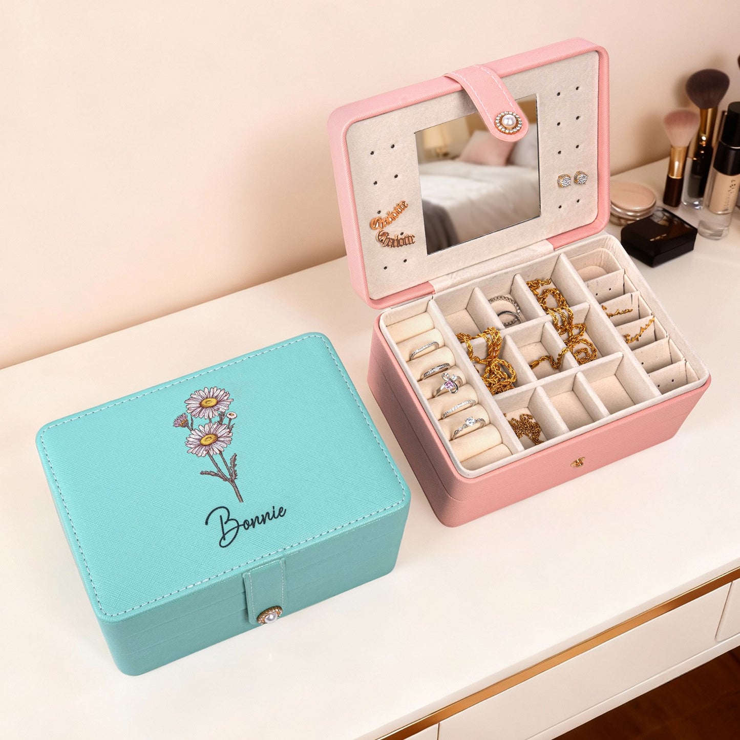 Birth Flower Personalised Mirrored Jewellery Box Case