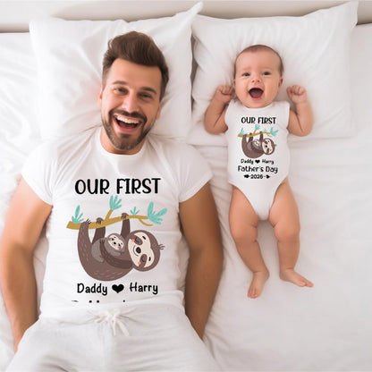 Personalised First Father’s Day Matching T-Shirt & Baby Onesie Set | Custom Dad & Baby Shirts