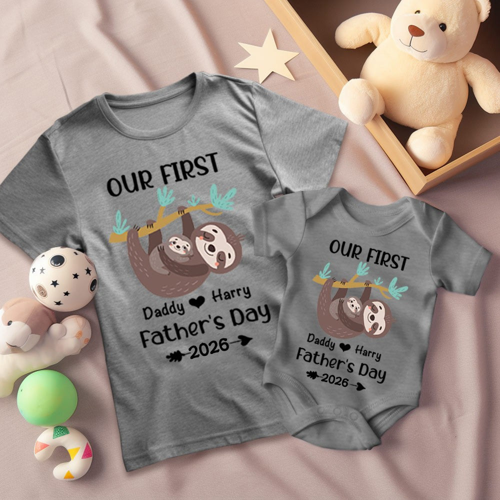 Personalised First Father’s Day Matching T-Shirt & Baby Onesie Set | Custom Dad & Baby Shirts