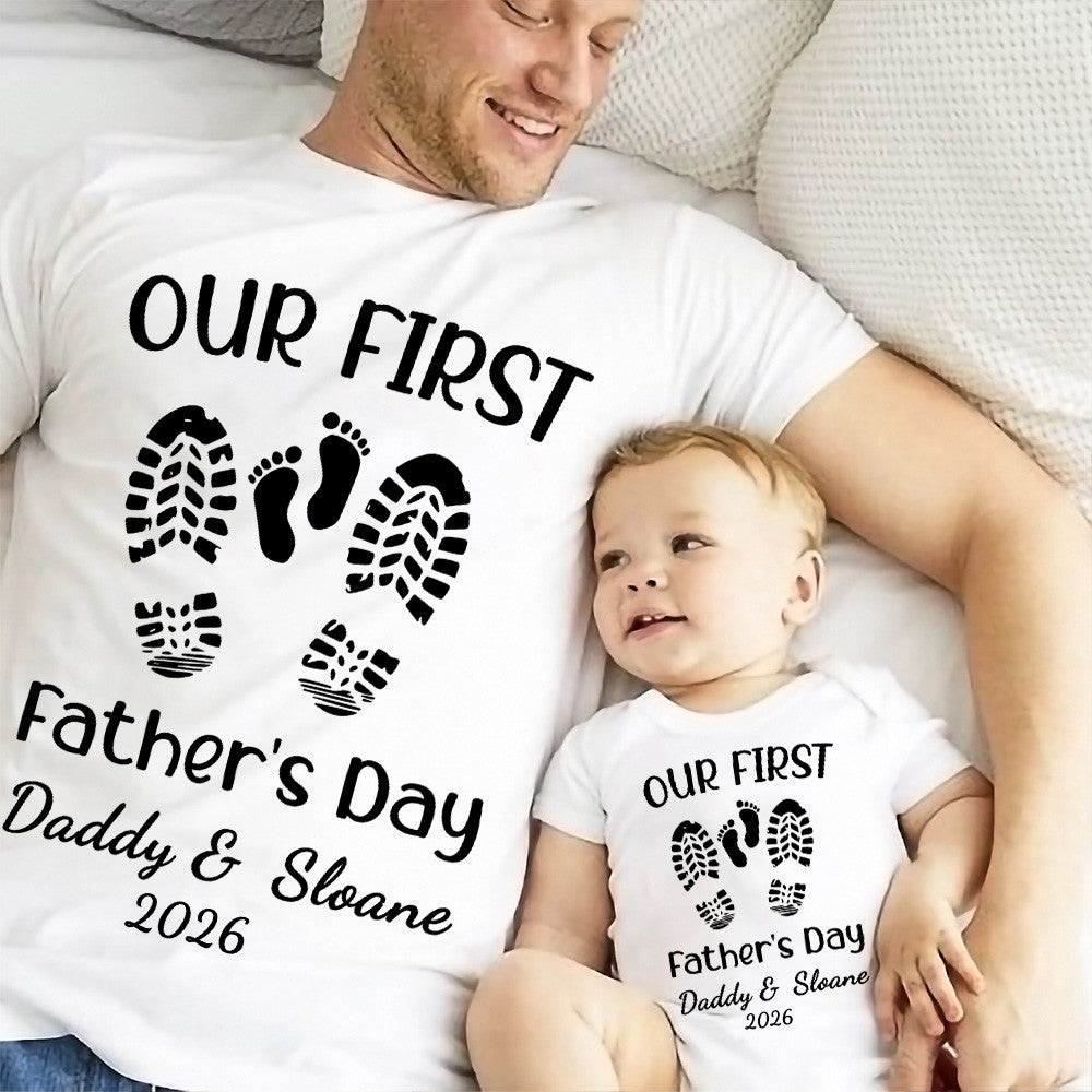 Personalised First Father’s Day Matching T-Shirt & Baby Onesie Set | Custom Dad & Baby Shirts