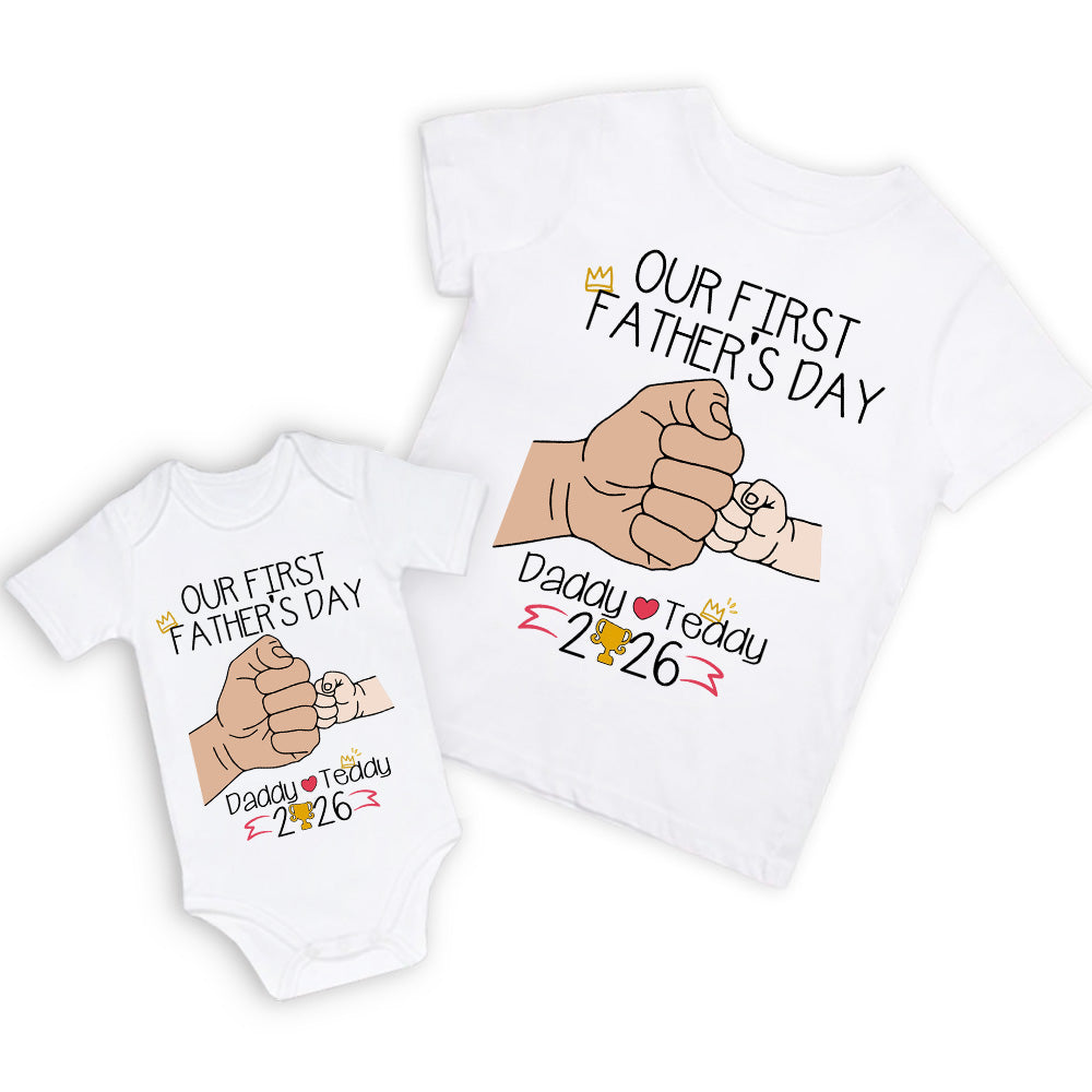 Personalised First Father’s Day Matching T-Shirt & Baby Onesie Set | Custom Dad & Baby Shirts