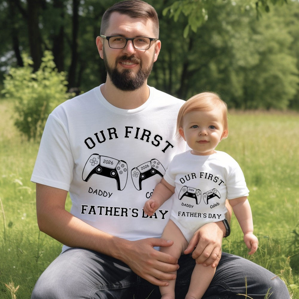 Personalised First Father’s Day Matching T-Shirt & Baby Onesie Set | Custom Dad & Baby Shirts