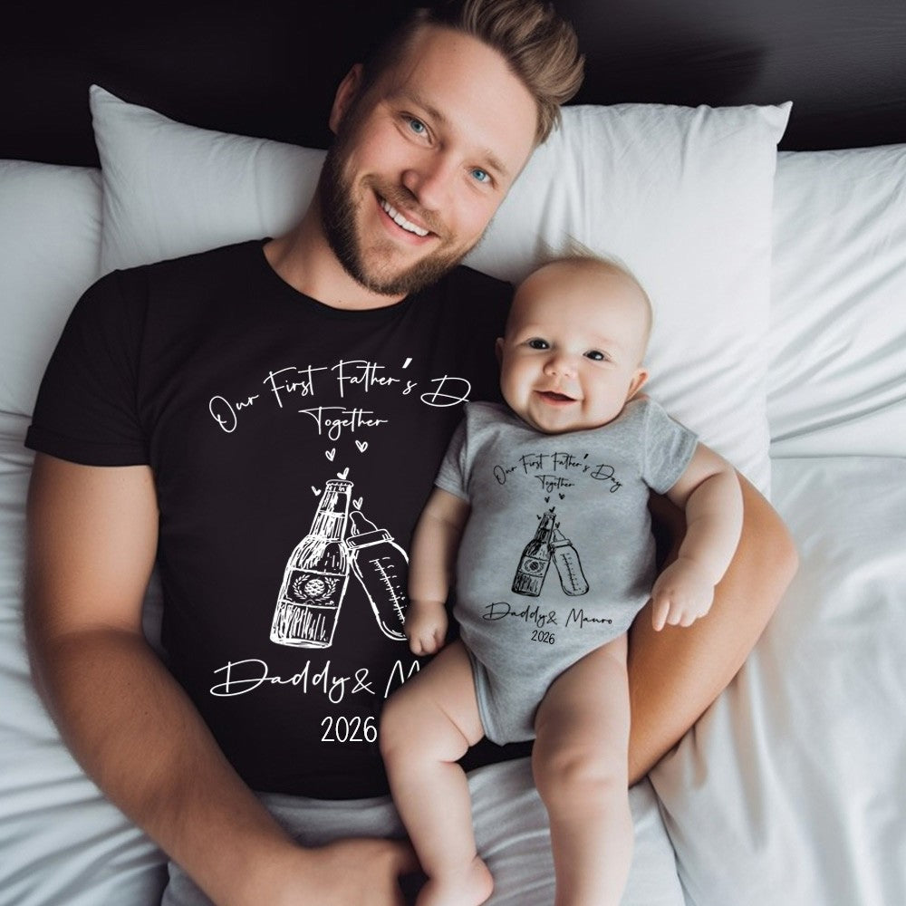 Personalised First Father’s Day Matching T-Shirt & Baby Onesie Set | Custom Dad & Baby Shirts