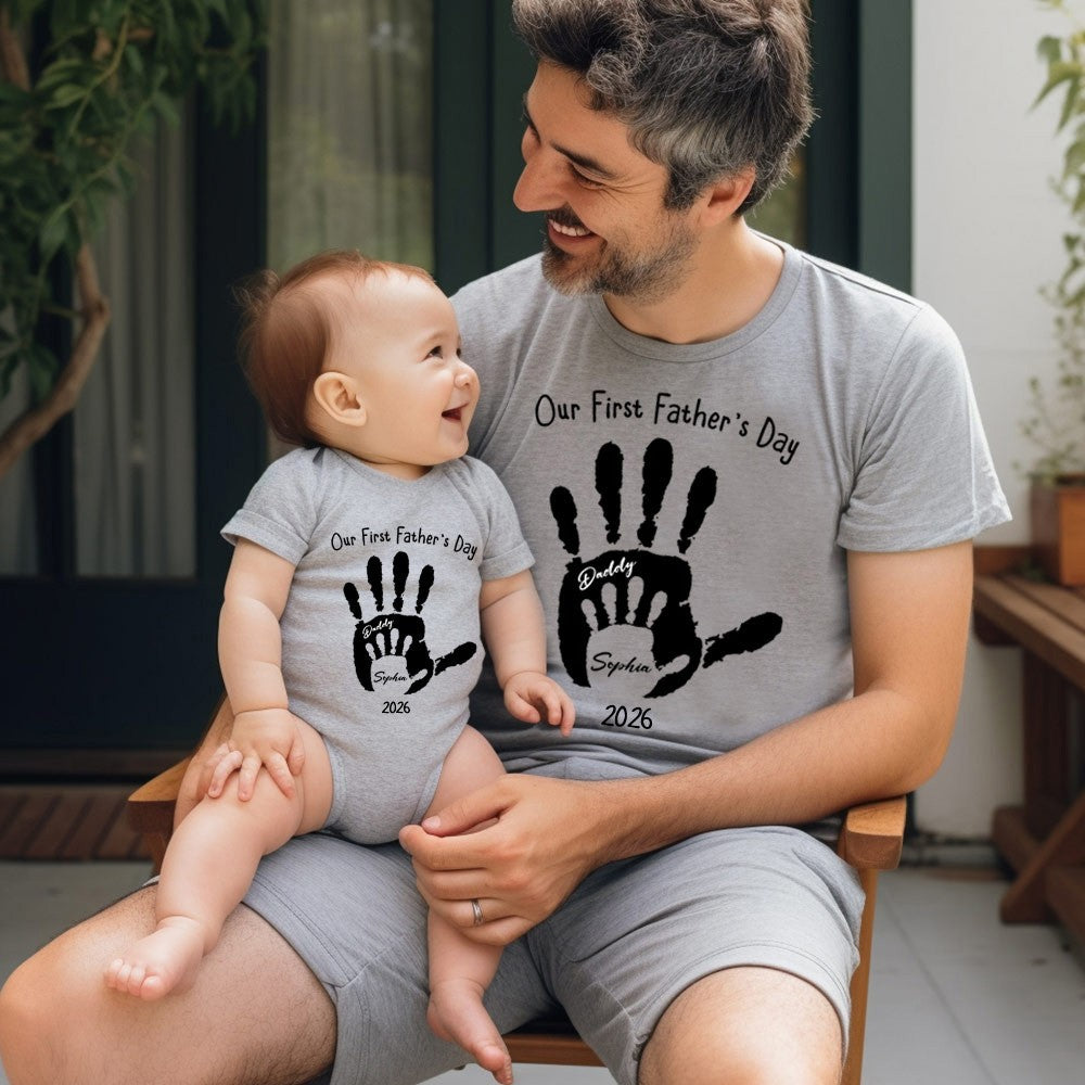 Personalised First Father’s Day Matching T-Shirt & Baby Onesie Set | Custom Dad & Baby Shirts