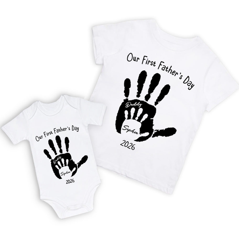 Personalised First Father’s Day Matching T-Shirt & Baby Onesie Set | Custom Dad & Baby Shirts