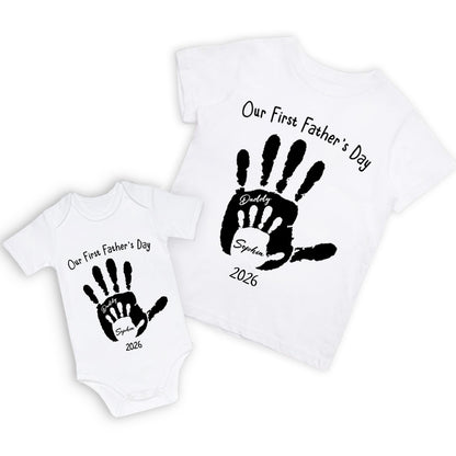 Personalised First Father’s Day Matching T-Shirt & Baby Onesie Set | Custom Dad & Baby Shirts