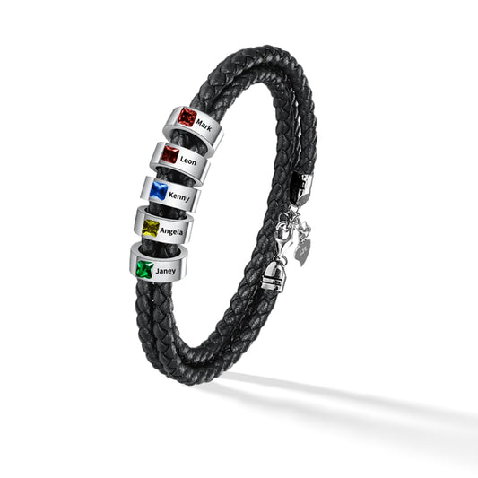 Men's Personalised Braided Leather Birthstone Name Bracelet