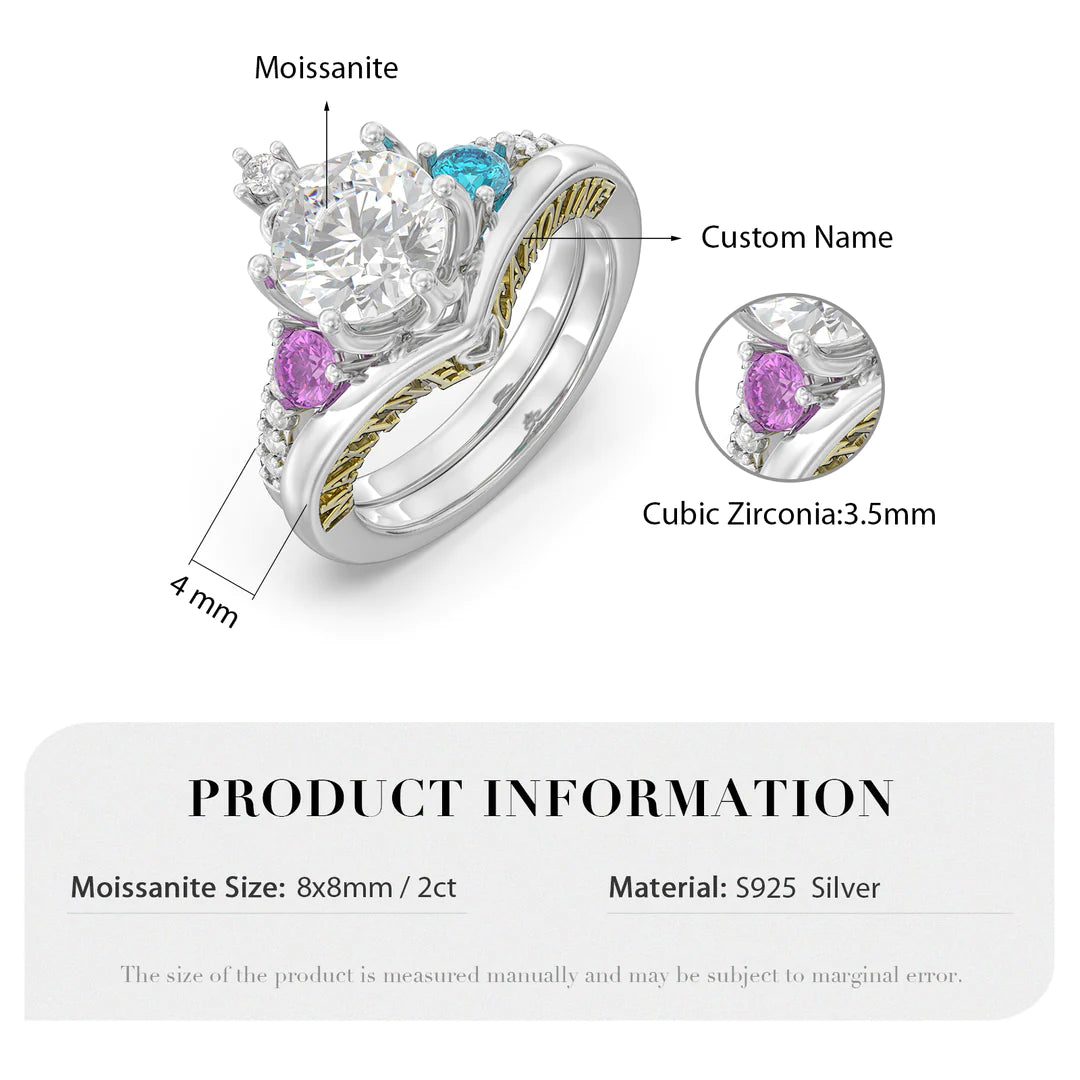 Premium Personalised Moissanite Names & Birthstones Bridal Ring Set