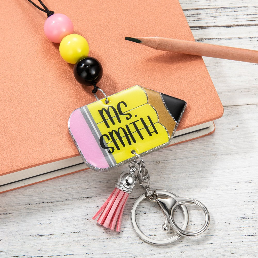 Teachers Personalised Acrylic Pencil Keychain or Badge Reel Lanyard