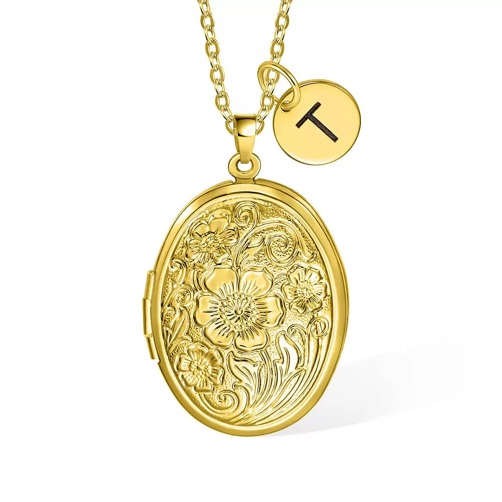 Personalised Floral Oval Photo Locket Necklace with Initial Charm