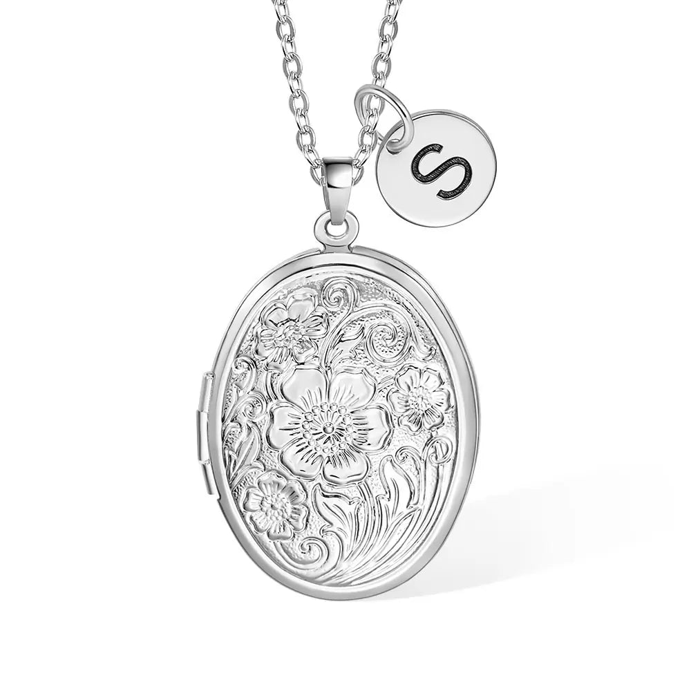 Personalised Floral Oval Photo Locket Necklace with Initial Charm