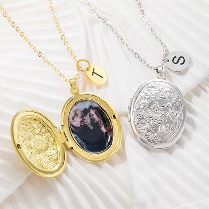 Personalised Floral Oval Photo Locket Necklace with Initial Charm