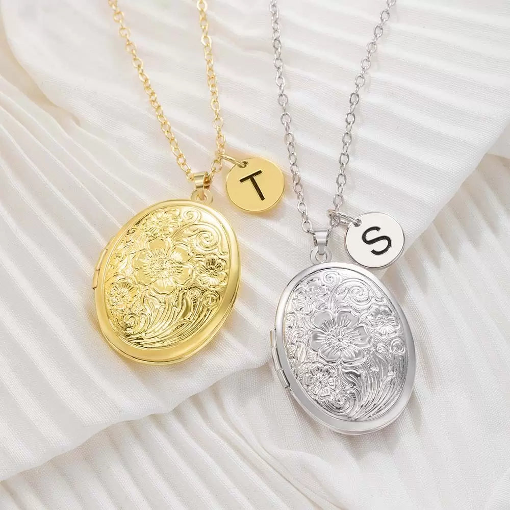 Personalised Floral Oval Photo Locket Necklace with Initial Charm