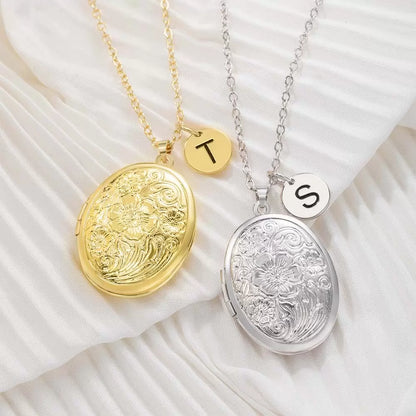 Personalised Floral Oval Photo Locket Necklace with Initial Charm