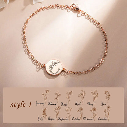 Personalised Birth Flower Name Bracelet