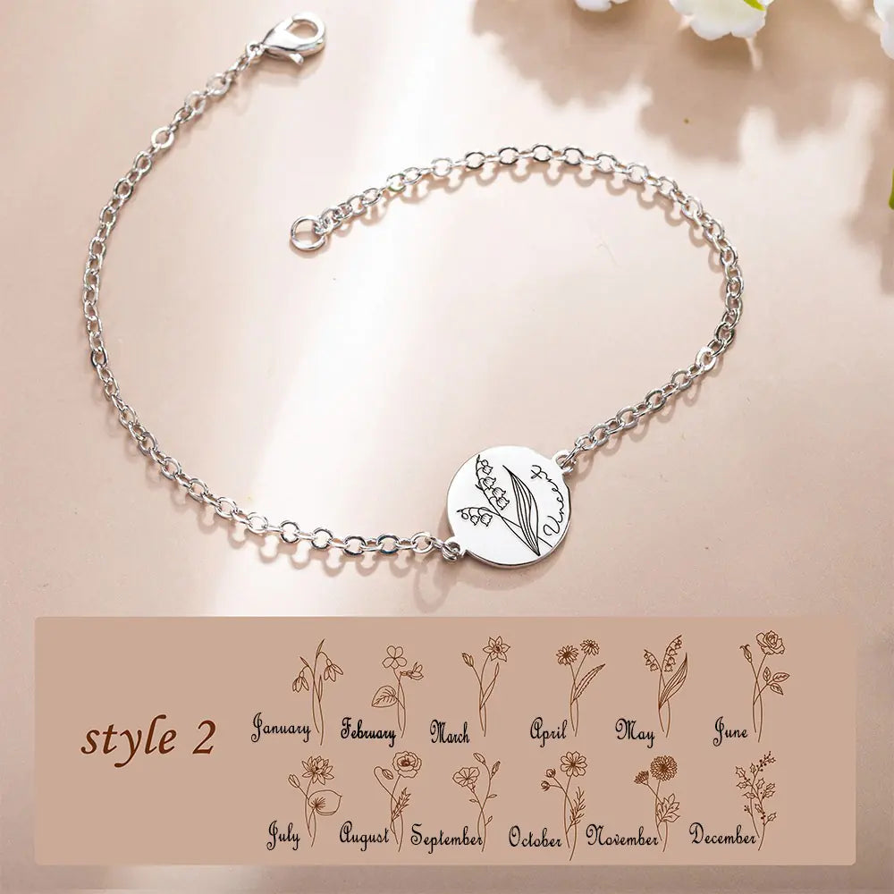 Personalised Birth Flower Name Bracelet