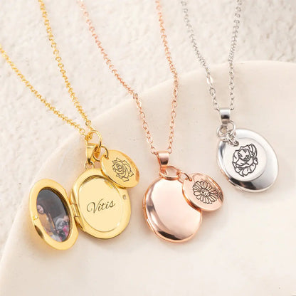 Personalised Birth Flower Charm Oval Photo Locket Necklace