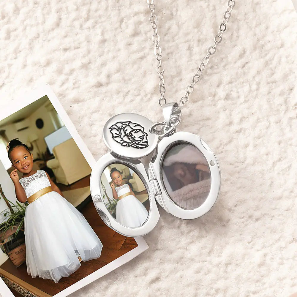 Personalised Birth Flower Charm Oval Photo Locket Necklace