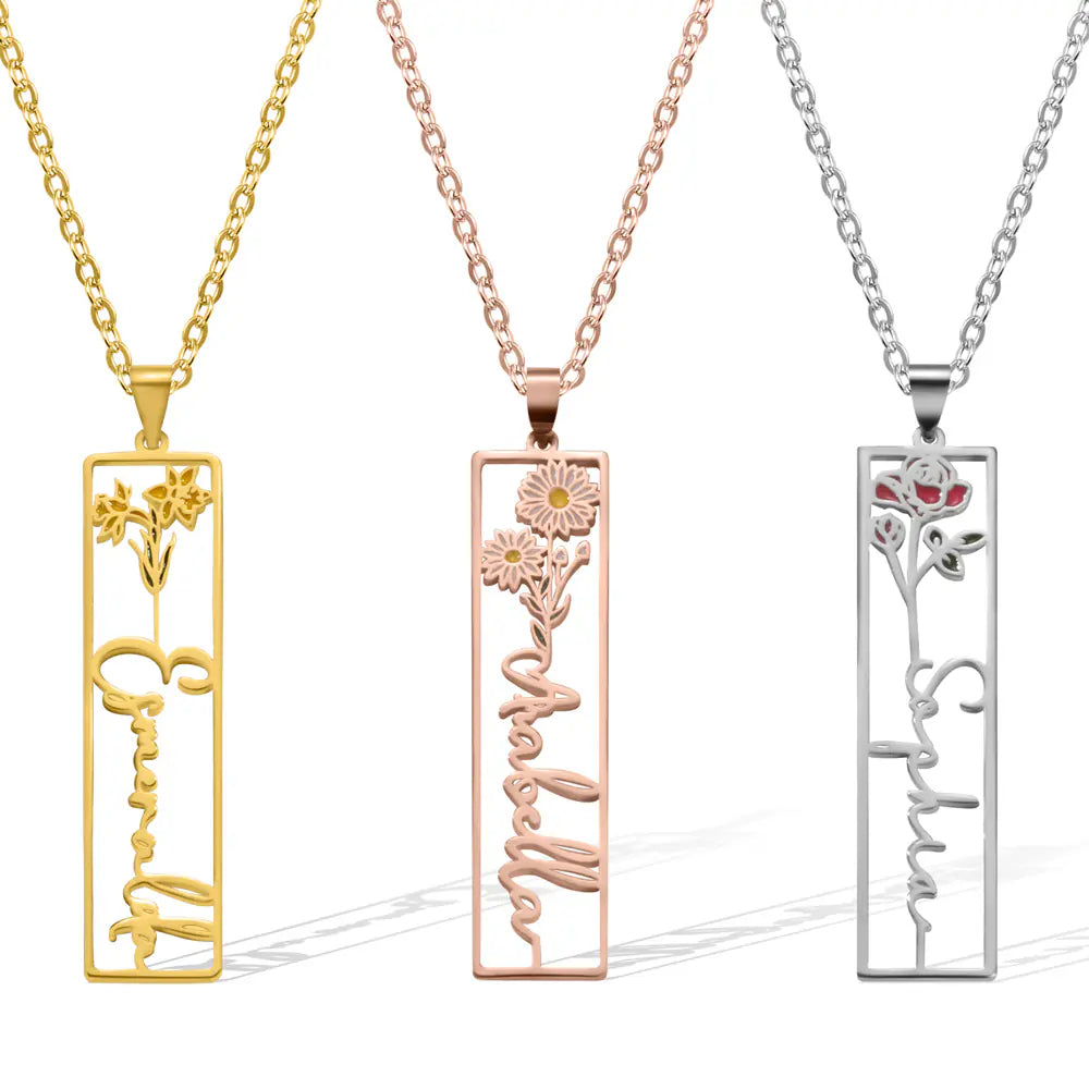 Personalised Birth Flower Vertical Rectangle Name Necklace