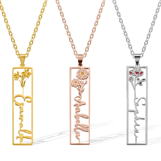 Personalised Birth Flower Vertical Rectangle Name Necklace