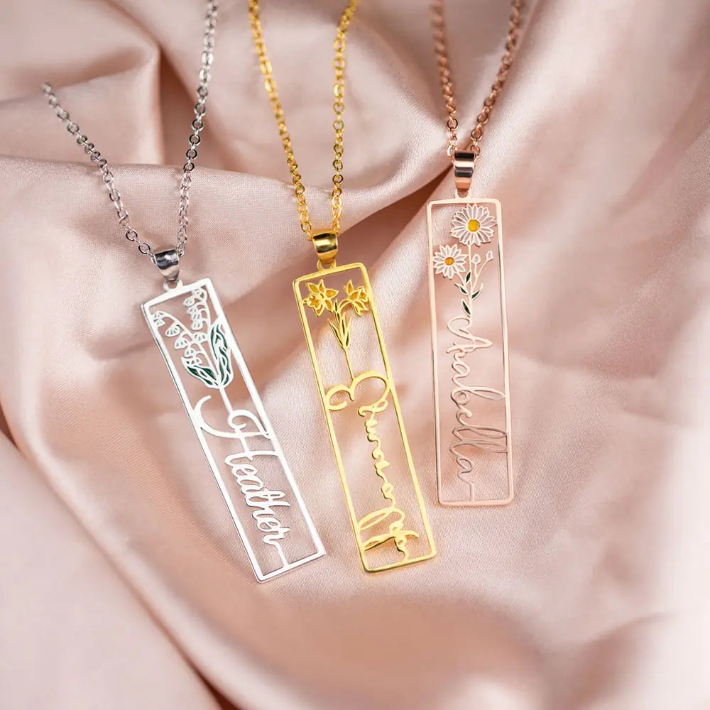 Personalised Birth Flower Vertical Rectangle Name Necklace