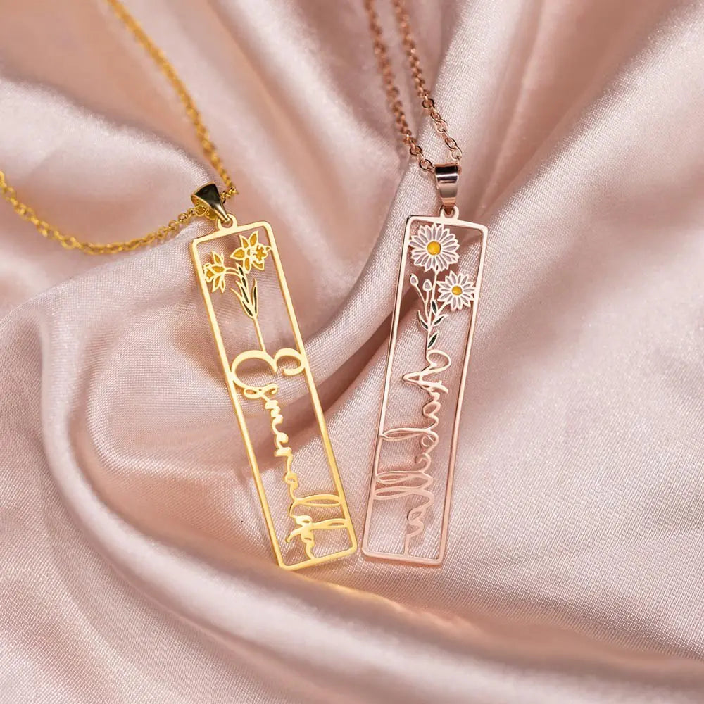 Personalised Birth Flower Vertical Rectangle Name Necklace