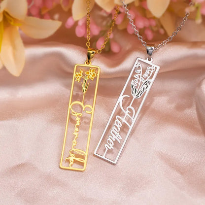 Personalised Birth Flower Vertical Rectangle Name Necklace