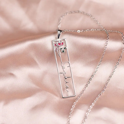 Personalised Birth Flower Vertical Rectangle Name Necklace