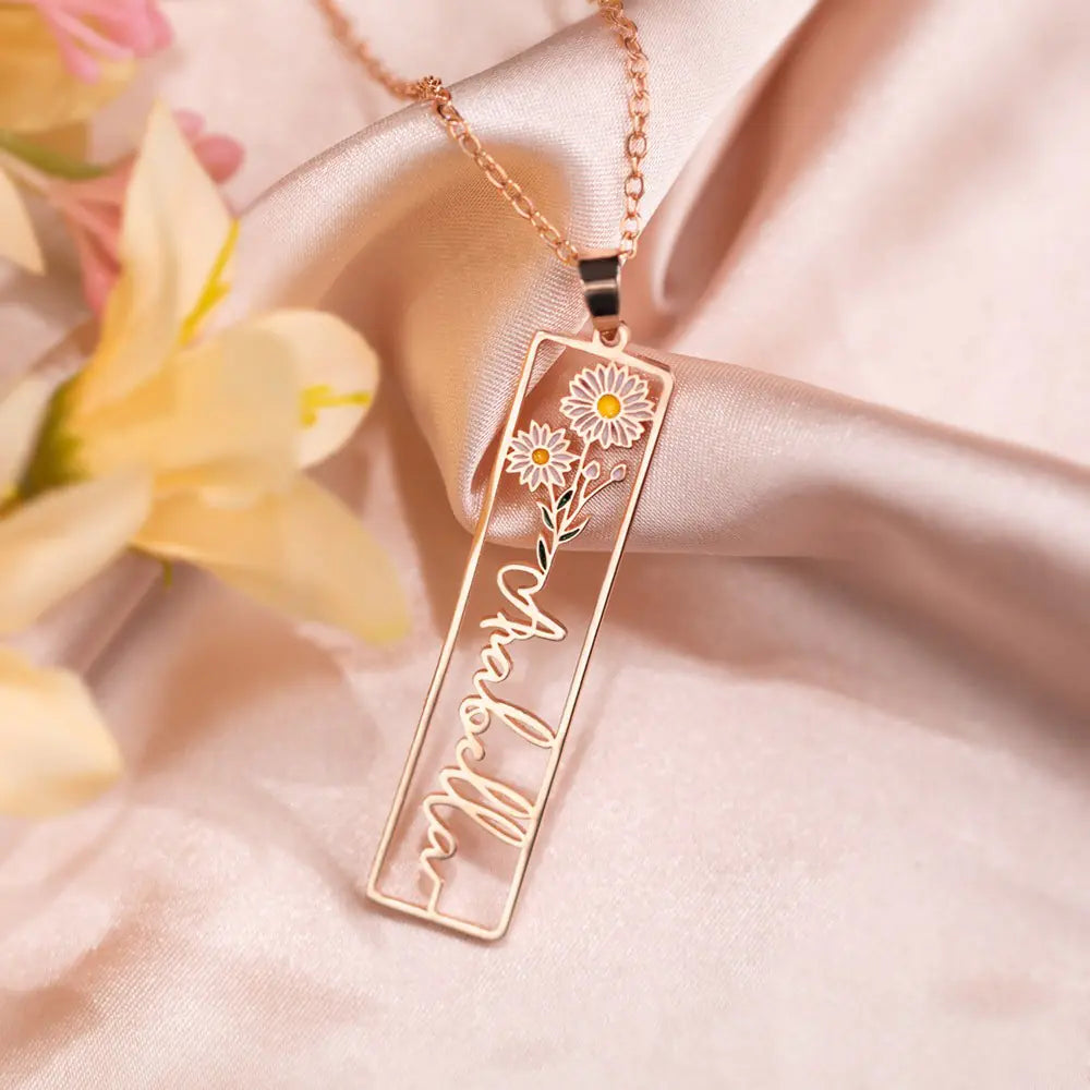 Personalised Birth Flower Vertical Rectangle Name Necklace