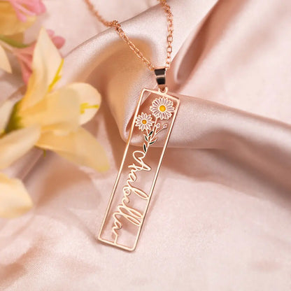 Personalised Birth Flower Vertical Rectangle Name Necklace