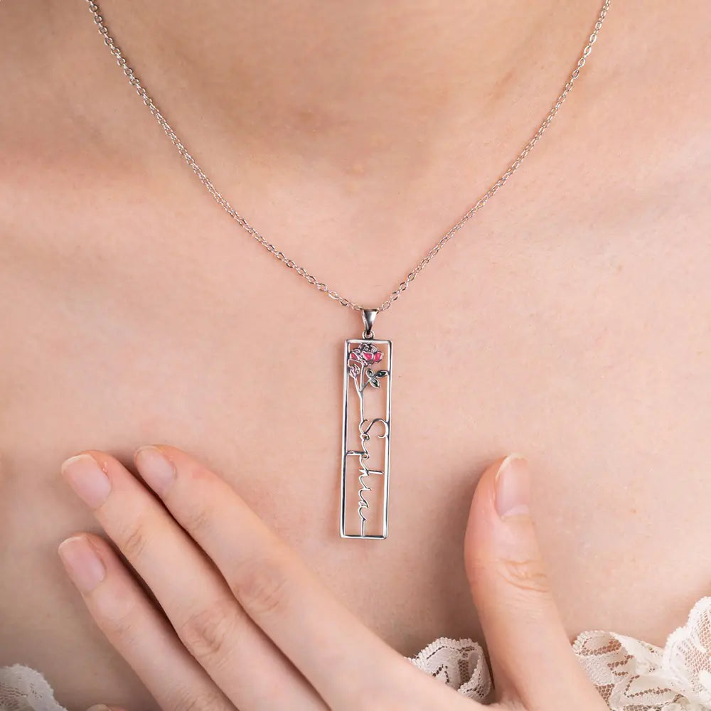 Personalised Birth Flower Vertical Rectangle Name Necklace