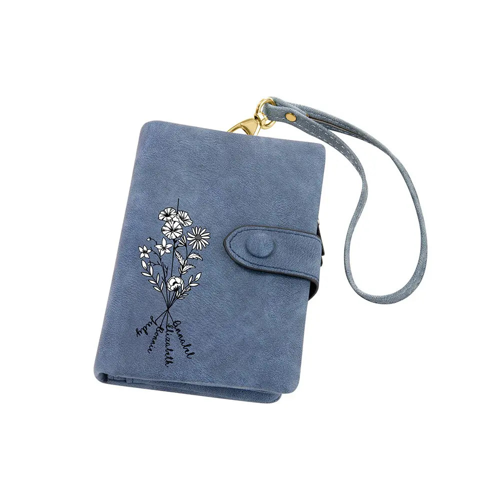 Coloured Birth Flower Leather Personalised Name Wallet with Wrist Strap