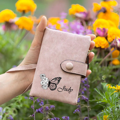 Birth Flower Butterfly Personalised Name Wallet with Wrist Strap