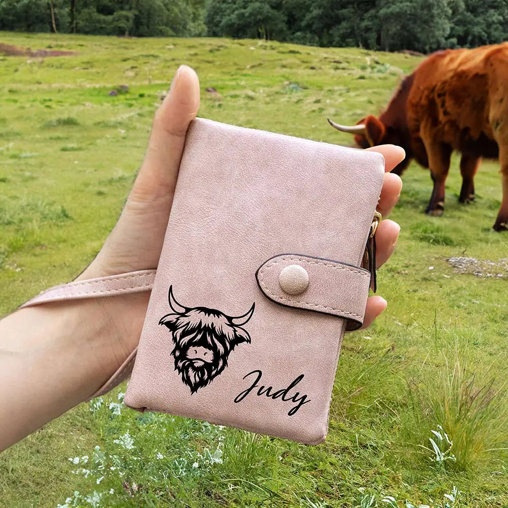 Highland Cow Personalised Name Wallet with Wrist Strap