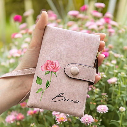 Coloured Birth Flower Leather Personalised Name Wallet with Wrist Strap