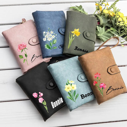 Coloured Birth Flower Leather Personalised Name Wallet with Wrist Strap