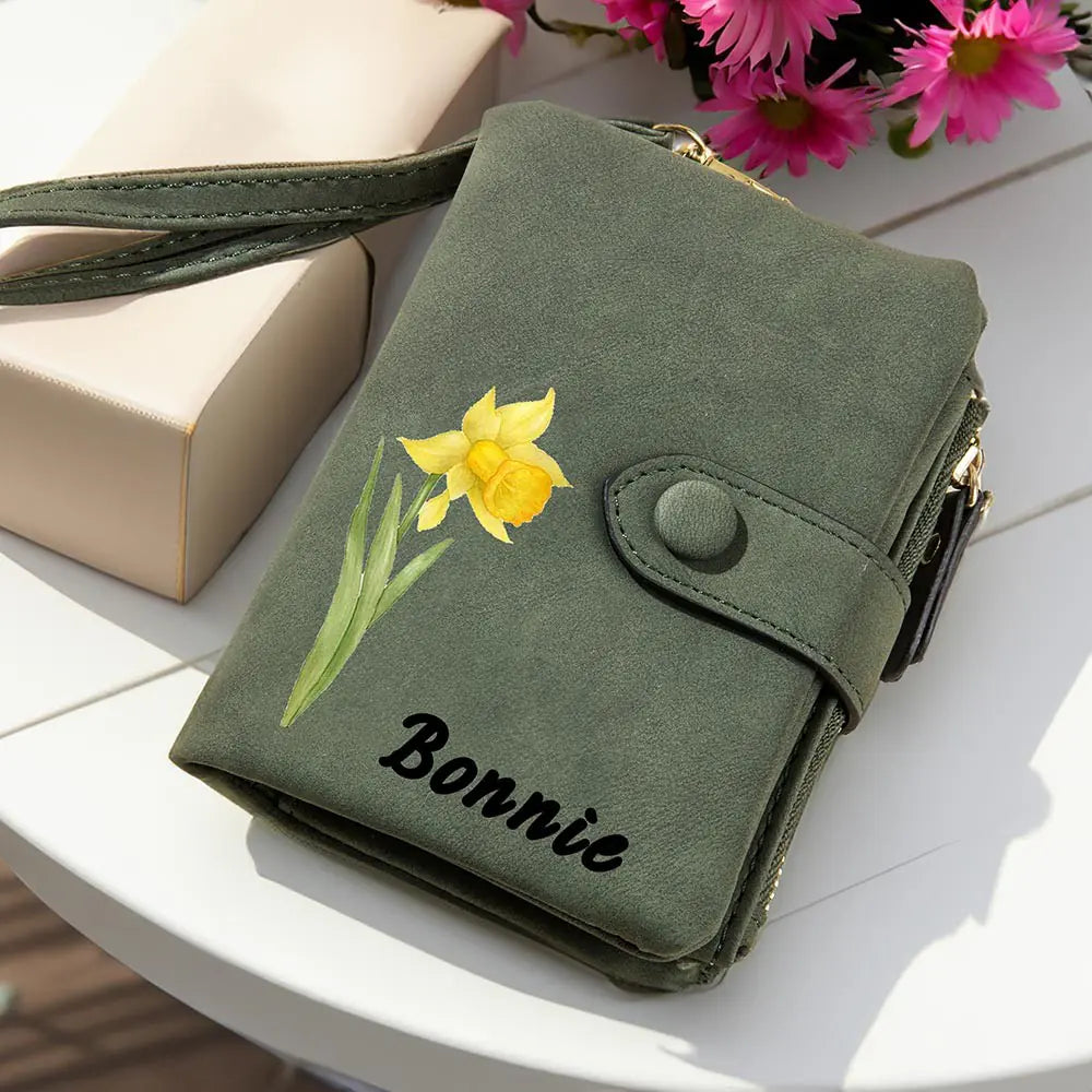 Coloured Birth Flower Leather Personalised Name Wallet with Wrist Strap