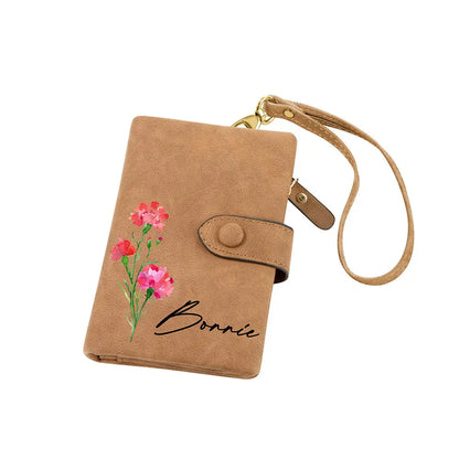 Coloured Birth Flower Leather Personalised Name Wallet with Wrist Strap