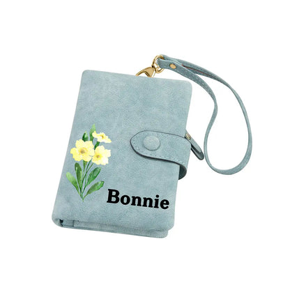 Coloured Birth Flower Leather Personalised Name Wallet with Wrist Strap