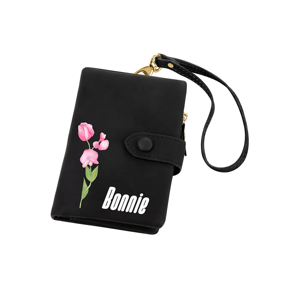 Coloured Birth Flower Leather Personalised Name Wallet with Wrist Strap